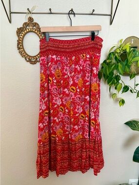 Women’s Red Floral Maxi Skirt - Comfortable Boho Style
